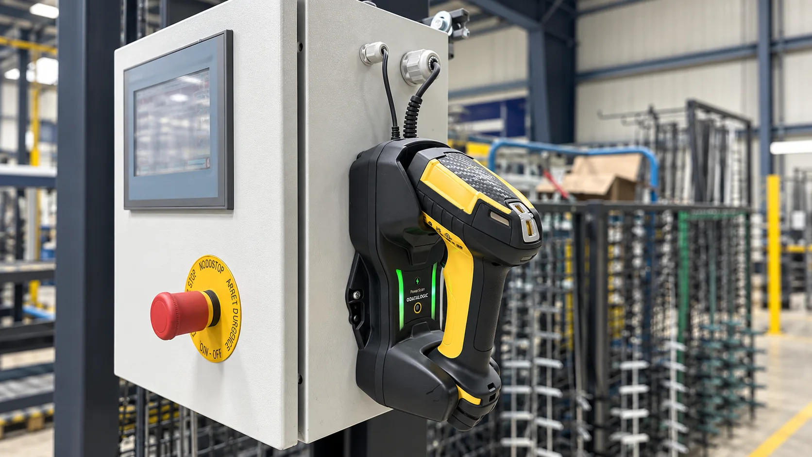 Geel-zwarte handscanner in een houder naast een bedieningskast met touchscreen in de productiehal.
