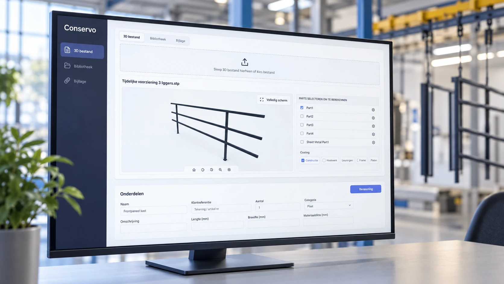 Conservo 3D STEP-calculatie voor oppervlaktebehandelaars op een productiescherm
