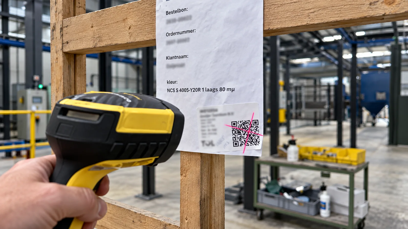 Handscanner leest het QR-label op een werkorderbon bij een houten stelling in de productiehal.
